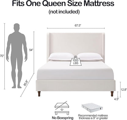 Upholstered Bed Frame with 54'' Nail Head Decorative Wing Back,Hand Buttoned Tufting Headboard Platform Bed Frame with Wooden Slats,No Box Spring Needed (Cream White, Queen)
