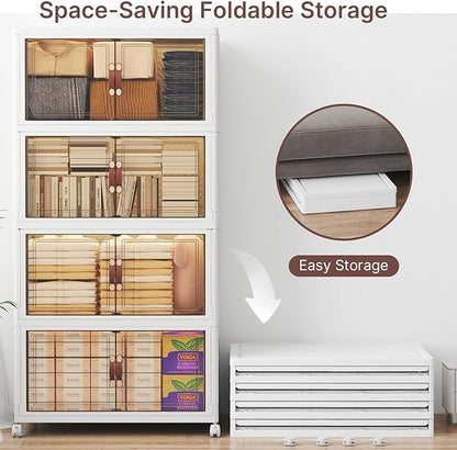 960Qt Stackable Storage Bins with Lids, 8 Pack Large Collapsible Bins with Wheels, Plastic Cabinet with Doors, Foldable Closet Organizers and Storage for Home, Dorm, Office, White