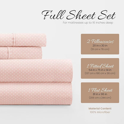 Linen Market Patterned Microfiber Full Sheet Set 4 Piece – Oeko-TEX Certified Ultra Soft & Wrinkle-Free - 16" Deep Pocket Sheets - Easy Care Full Size - My Heart Pink