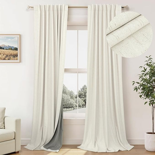 Floor to Ceiling Curtains 104 Inch Long 2 Panel Sun Light Blocking Bohemian Soft Natural Linen Textured Blackout Thermal Insulated Drape for Bedroom Dining Room Privacy Moody Vintage Cottagecore Cream