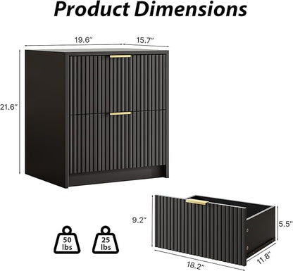3-Piece Dresser Bedroom Set, 5 Drawer Dresser & 2 Drawer Nightstands with Gold Handles, Fluted Wood Chest of Drawers for Bedroom, Living Room, Entryway, Black