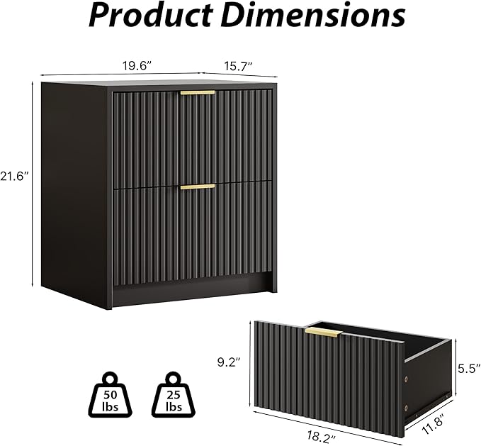 3-Piece Dresser Bedroom Set, 7 Drawer Dresser & 2 Drawer Nightstands with Gold Handles, Fluted Wood Chest of Drawers for Bedroom, Living Room, Entryway, Black