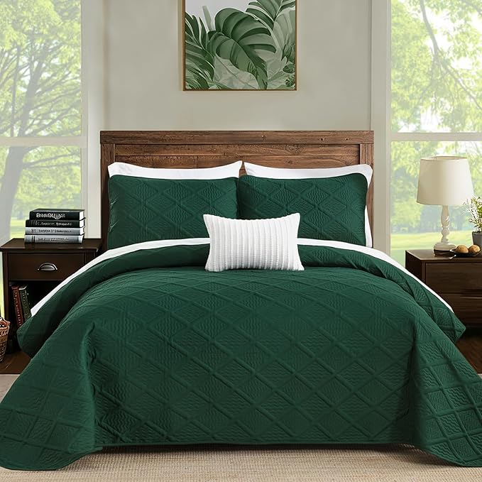 Yiran Twin Quilt Set, Emerald Green Lightweight Soft Bedspreads Bedding Set, Diamond Pattern Coverlet for All Season Modern Style 2 Piece with 1 Pillow Sham 68x90 Inch