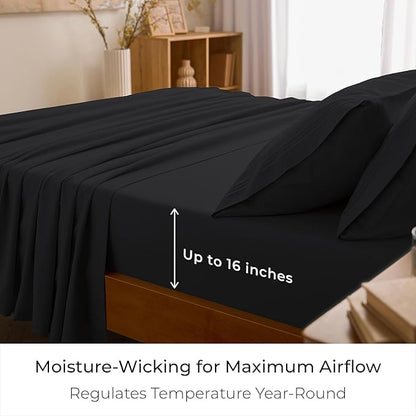 Mellanni Twin Sheet Set - 4-Piece Iconic Collection Bedding, (Including 2 Pillowcases), 16-Inch Deep Pocket, Easy Care, Extra Soft, Cooling Sheets, Brushed Microfiber - Black