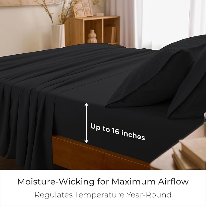 Mellanni King Sheet Set - 6-Piece Iconic Collection Bedding, (Including 4 Pillowcases), 16-Inch Deep Pocket, Easy Care, Extra Soft, Cooling Sheets, Brushed Microfiber - Black