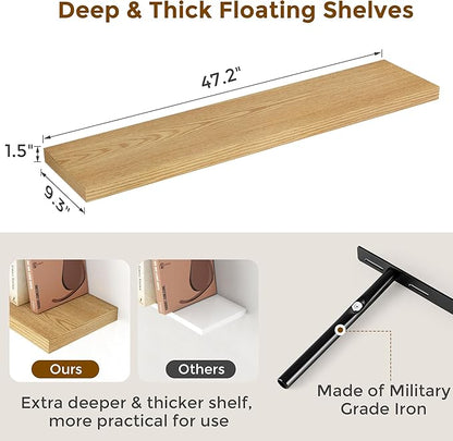 Fun Memories Farmhouse Floating Shelves for Wall, 48 x 9.3 Large Floating Shelf Wall Mounted, Rustic Wood Shelves for Bathroom, Kitchen, Living, Heavy-Duty Storage Deep Shelf for Books, Decor, Oak