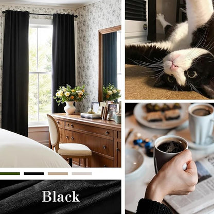 Lazzzy Velvet Blackout Curtains Thermal Insulated Room Window Drapes Super Soft Luxury Curtains for Living Room Bedroom Rod Pocket 2 Panels, Black, 42" W x 90" L