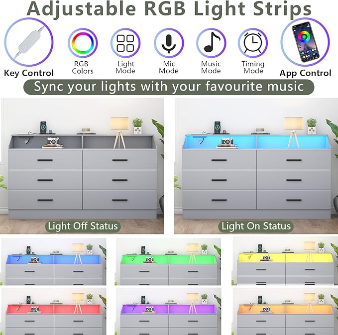6 Drawer Dresser with Power Outlet, Chest of Drawer with LED Light, Modern Dresser with Open Storage Cubby, Double Wide Dressers Organizer for Bedroom, Living Room, Entryway, Hallway (Grey, 6 Drawers)