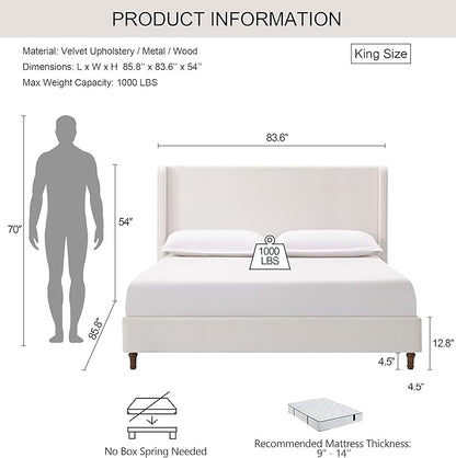 Harper 54" Extra-Tall Headboard Bed Frame - Modern Wingback Upholstered Platform Bed, 1000lbs Heavy Duty Support, Textured Chenille, No Box Spring Needed (Cream White King U.S. Standard)