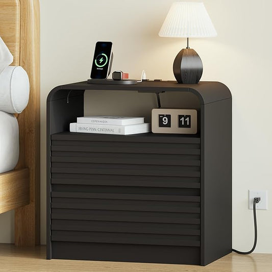 24" Wide Modern Fluted Nightstand with Charging Station, Wood Bedside Table with 2 Storage Drawers, Mid Century End Table Nigthstand with Curved Profile for Bedroom, Living Room, Black