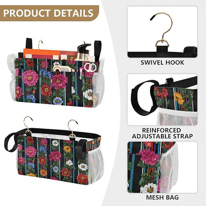 Bedside Caddy Hanging Bunk Bed Caddy Bed Organizer Hanging Pocket with 2 Hooks Bedside Storage Organizer Pocket Bag Holder Mexican Flowers Stripe