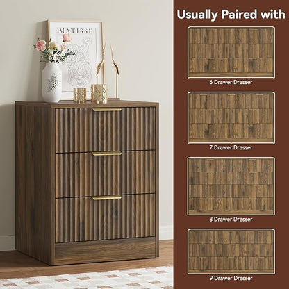 7 Drawer Dresser & Nightstand Set, 3-Piece Fluted Bedroom Dresser and Night Stand Set of 2 with Metal Handle, Modern Wood Chest of Drawers Storage Dressers Set for Bedroom, Walnut