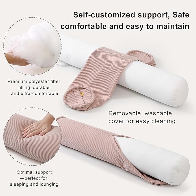 Long Round Body Pillow for Adults – Corduroy Cervical Roll Bolster Pillow, Firm Support for Spine Alignment & Side Sleeping,39 x 7.87 Inches,Pink