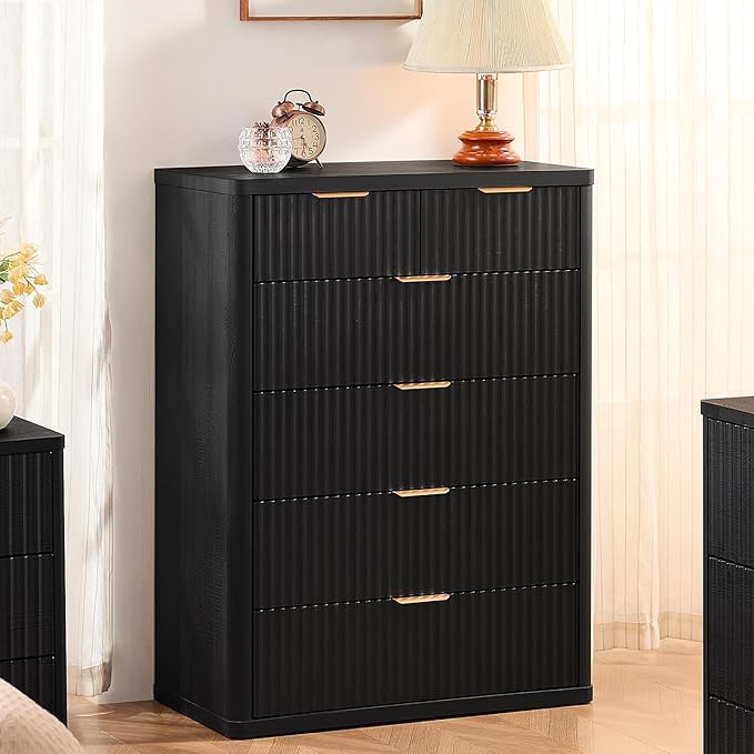 LEYAOYAO Fluted Dressers & Nightstand Set of 4, Wood 48" Wide Dresser & 42" Tall Chest of Drawers,Modern Bedroom Furniture Sets, Black Wooden Nightstand Set of 2 with 3 Drawers & Charging Station