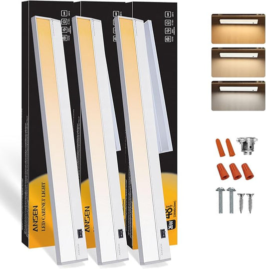 Ansen 3Packs of Under Cabinet Lights for Kitchen, 48in 26W 1720LM, Dimmable Hardwire Led Light for Closet, CRI>92, R9>90, 3 Color Temperature, 3000K/4000K/5000K(Warm White, Cool White, Daylight)