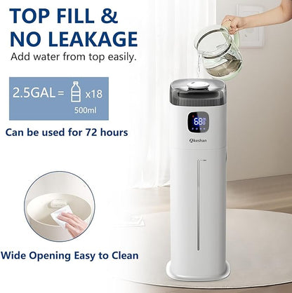Large Humidifier for Bedroom, 9L/2.5Gal Ultrasonic Cool Mist, Easy Clean with 350ML/H Large Mist Speed, Remote control, Quiet Tower, Suitable for Kids Room Plant Yoga