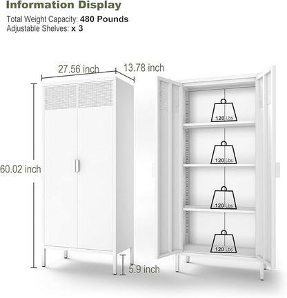 COFaR 4 Tier Black Metal Storage Cabinet, Free Standing with 2 Doors, 3 Adjustable Shelves and Legs, Cupboard Metal Cabinet for Living Room, Kitchen, Dining Room, Office
