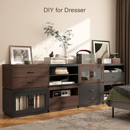 Stackable Storage Drawers, 28" Wide Storage Bins with 2 Drawers for Closet Organizers, Wood Stackable Closet Organizer Modern Large Stackable Storage Units for Living Room Hallway Bedroom, Brown