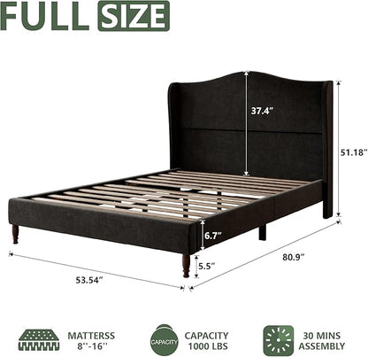 Full Size Upholstered Platform Bed Frame, 51" Tall Chenille Fabric Headboard with Classic Curved Wingback Design, Vintage Solid Wood Legs, No Box Spring Needed, Easy Assembly & Noise-Free, Black