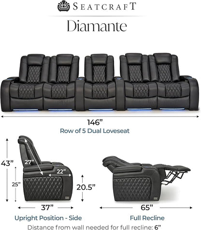 Seatcraft Diamante Zero-Gravity CoolZero Italian Leather Home Theater Seating, Power Headrest, Power Recline, Row of 5 Dual Loveseats, Black