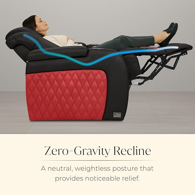Seatcraft Diamante Zero-Gravity CoolZero Italian Leather Home Theater Seating, Power Headrest, Power Recline, Row of 5 Right Loveseat, Black/Red