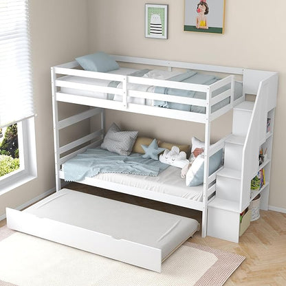 KOTEK Twin Over Twin Bunk Bed with Trundle and Stairs, Solid Wood Bunk Bed Frame with Storage Shelf, Bunk Beds Detachable into 2 Platform Beds for Kids Teens Adults (White)
