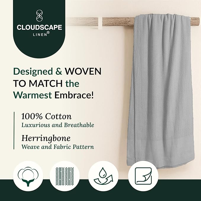 Cloud Scape Linen 100% Cotton Blanket King 92x108 Charcoal Grey - Cozy Herringbone Weave, Fits Up to Cal King Beds, Breathable Softness, All-Season Warmth, Heavy Layering Winter Blanket
