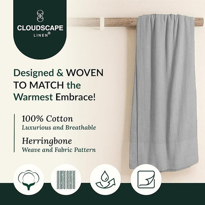 Cloud Scape Linen 100% Cotton Throw Blanket 50x70 Charcoal Grey, Luxury All-Season Warmth, Ultra Soft, Oversized Herringbone Gauze Blanket for Winter, Bed, Couch & Sofa Decor, Best Gift Idea