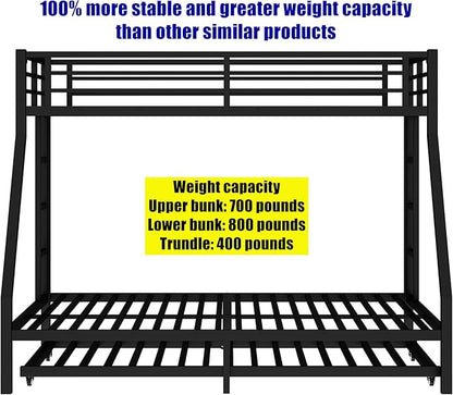 Higher Quality & Stronger Heavy Duty Metal Bunk Bed Frame Twin XL Over Queen Size with Twin Size Trundle for Adults Teens, Thickened More Stable Steel Bunkbed