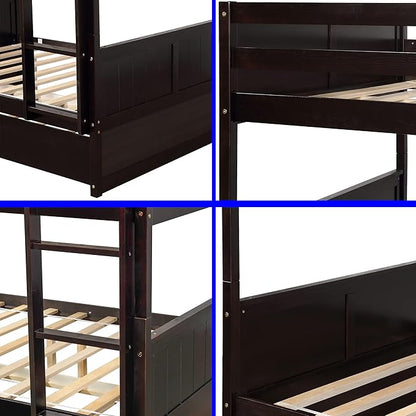 STERXONE Best Thicken Solid Wood Full Over Bunk Bed with Trundle, Luxurious Frame Size Safety Guard Rail and Ladder, Convertible to 2 Beds for Adults, Teens, Kids (Espresso)