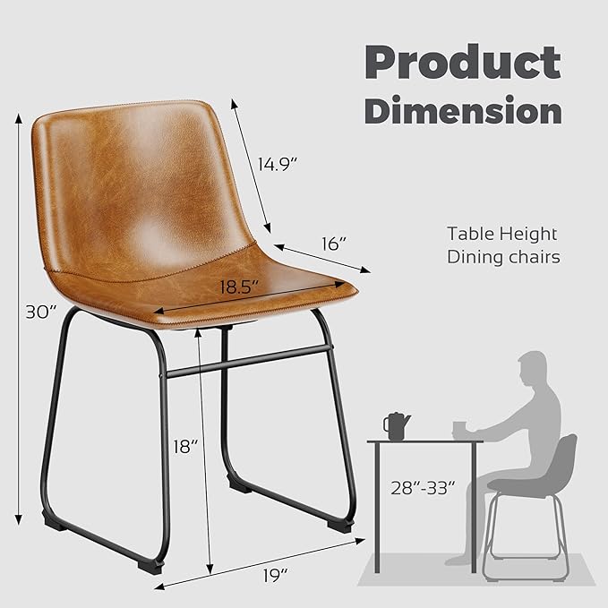 Dining Chairs Set of 2, 18 Inch Modern Armless Dining Chair with Back, Faux Leather Kitchen Dining Room Chair with Metal Legs for Home, Bistro Coffee Shops (Brown)