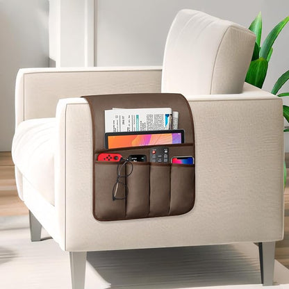 WETRBWEH Remote Control Holder for Armchair, Couch Caddy Organizer TV Remote Holder for Bed Storage 5 Pockets, Remote Caddy Bedside Organizer Bedside Table Organizer (Brown, 35"x12.4")