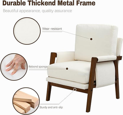 Accent Chairs for Living Room Set of 2, Modern Arm Chairs for Bedroom, Wooden Upholstered Mid Century Accent Chairs, Cream White