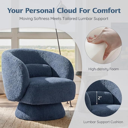 Swivel Accent Chair, Modern 360 Degree Swivel Barrel Chair with Arms & Curved Back and Lumbar Support Cushion, Comfy Round Single Boucle Sofa for Small Space, Living Room, Bedroom, Blue