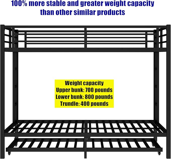 LUCALEO Stronger & Truly Reinforced Heavy Duty Metal Bunk Bed Queen Over Queen Size Bunkbed, Thickened More Stable & Safer Steel Bunk Bed Frame with Twin Size Trundle (Greater Weight Capacity)