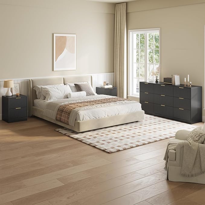 9 Drawer Dresser & Nightstand Set 3-Piece, 63” Wide Fluted Bedroom Dresser Set Night Stand Set of 2 with Metal Handle, Modern Wood Chest of Drawers Storage Dressers Set for Bedroom, Black