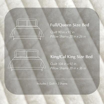 EVERGRACE Velvet Quilt Set King Size, Luxurious Soft Striped Channel Bedding Set, Lightweight Velvet Comforter for All Season, Oversized Bedspread Coverlet with 2 Matching Shams, Ivory White