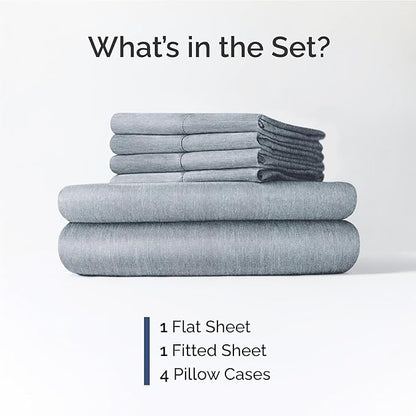 Full 6 Piece Sheet Set - Cooling & Breathable - Hotel Luxury Bedding, Includes Fitted Sheet for Women, Men, Kids and Teens - 1 Flat, 1 Fitted Sheet, 4 Pillowcases with Deep Pockets - Heathered Blue