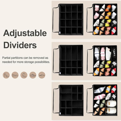 Shoe Organizer for Closet, Foldable Shoe Box with Adjustable Dividers and Clear Cover, Space Saving Shoe Storage Organizer Cabinet with Reinforced Handles, Fits 16 Pairs, Black, TP09B