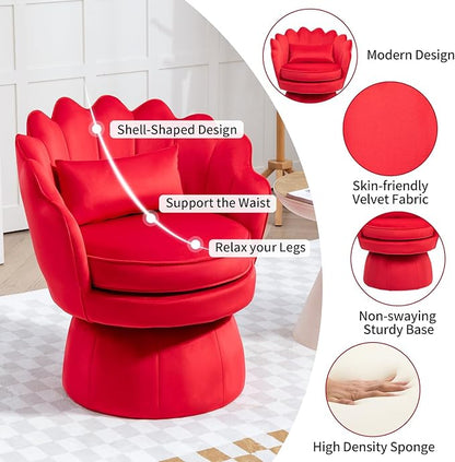 Swivel Accent Chairs Set of 2, 360° Mid-Century Modern Velvet Barrel Chair, Comfy Shell Shape Arm Chair with Lumbar Pillow for Living Room, Bedroom, Office, Rose Red (Red, Set of 2 Swivel chair)
