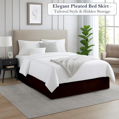 King Bed Skirt, Luxury 12 Inch Drop Chocolate Pleated Bed Skirt, Double Brushed Microfiber, Box Pleat Design, Wrinkle & Fade Resistant, Easy Fit Tailored Bedskirt for King Size Beds