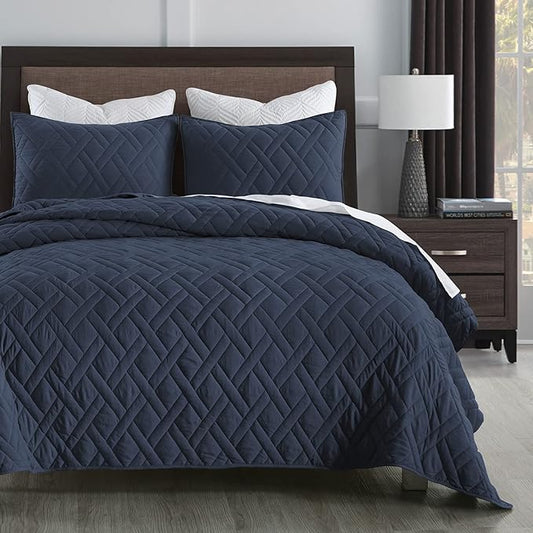 HORIMOTE HOME Quilt Set King Size Navy Blue, Classic Geometric Diamond Stitched Pattern, Ultra Soft Lightweight Bedspread Coverlet for All Season 3 Pieces(1 Quilt and 2 Pillow Shams)