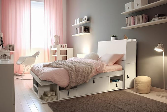 memomad Bali Set: Storage Platform Bed with Drawers + Bookcase Headboard (Twin Size, White Wood)