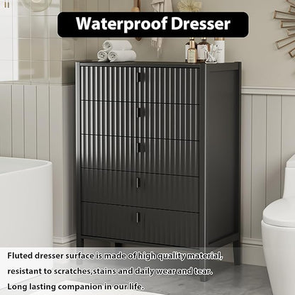 Black 5 Drawer Dresser, Modern Tall Dresser for Bedroom, Fluted Wood Chest of Drawers with Deep Drawers for Clothes, Storage Cabinet for Bedroom, Living Rooms, Offices, Entryways