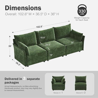 ABCASA 102.6" Modular Sectional Sofa, Oversized 3-Seater Green Couch with Removable Chenille Fabric Cover, Deep Seat & High Backrest for Living Room, Office & Apartment