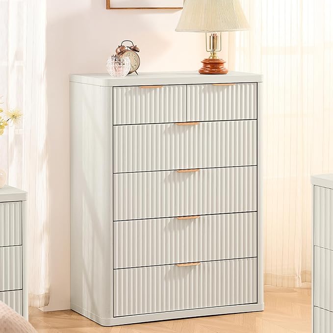 LEYAOYAO Fluted Dressers & Nightstand Set of 3, Wood 48" Wide Dresser & 42" Tall Chest of Drawers,Modern Bedroom Furniture Sets, Antique White Wooden Nightstand with 3 Drawers & Charging Station