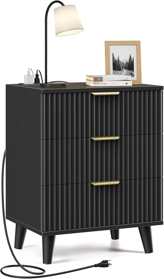 Fluted Black Nightstand with USB Charging Station, 3-Drawer Dresser Wood Modern Night Stand Bedside Table with Quiet Drawers & Large Storage End Table for Bedroom