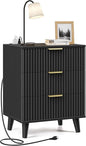 Fluted Black Nightstand with USB Charging Station, 3-Drawer Dresser Wood Modern Night Stand Bedside Table with Quiet Drawers & Large Storage End Table for Bedroom