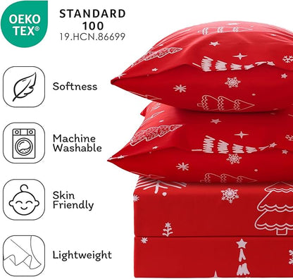 JSD Red Christmas Tree Kids Sheet Set Full Size, 4 Piece Soft Printed Microfiber Sheets Deep Pocket