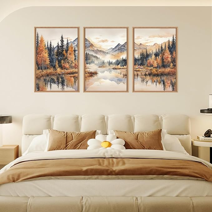LHIUEM Large Neutral Mountain Framed Canvas Wall Art, Nature Foggy Forest Wall Decor, Watercolor Autumn Landscape, Woodland Artwork for Living Room, Bedroom, Office - 24"x36"x3